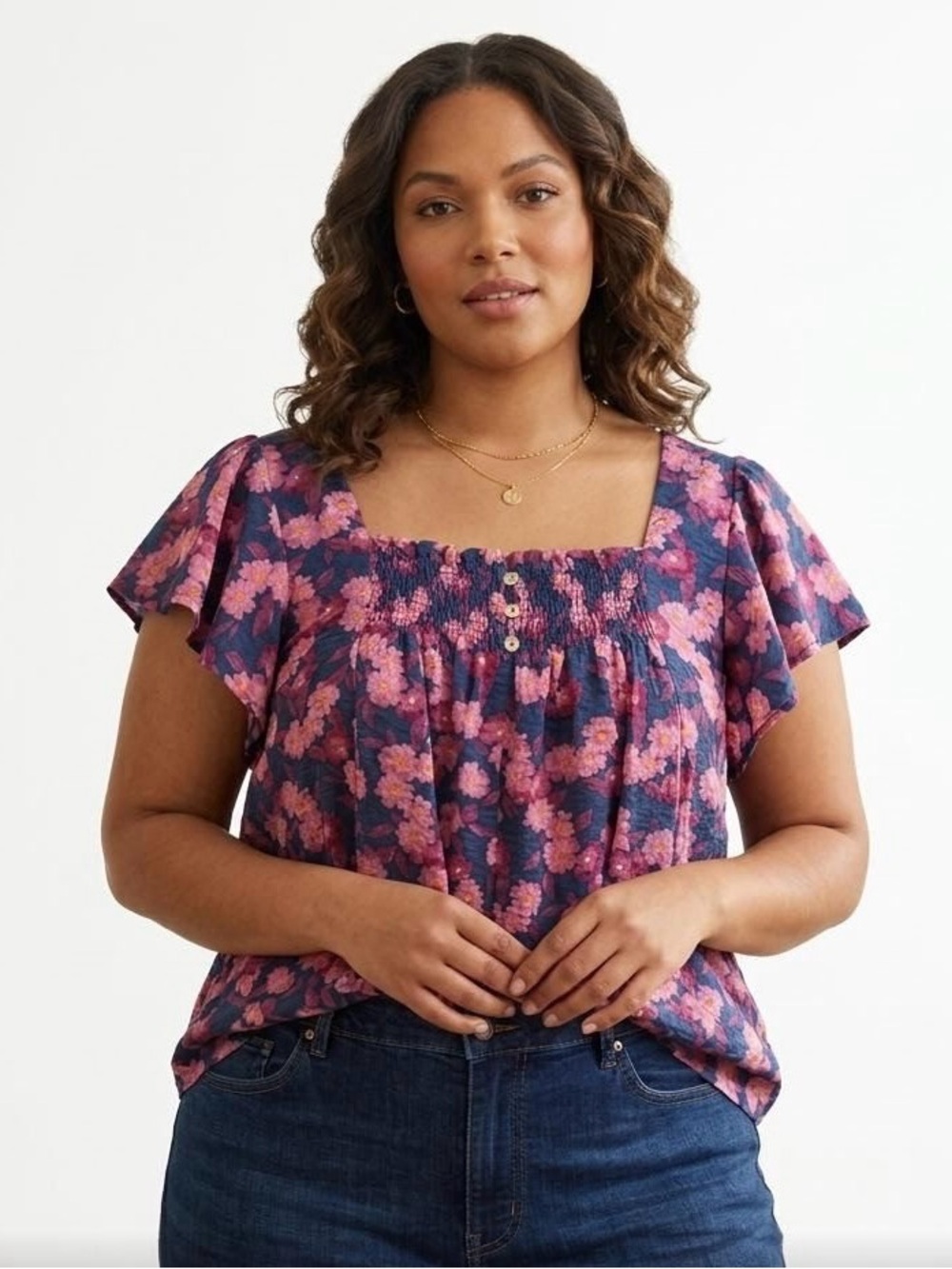Draper James Pink Floral Square-Neck Flutter Sleeve Top Large